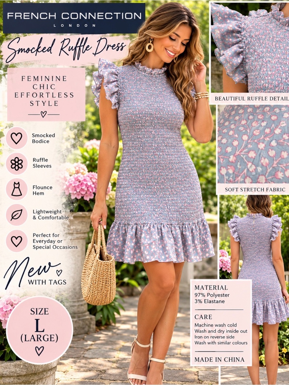 French Connection Shift Dress High Neck Smocked Ruffle Floral Blue/Pink L